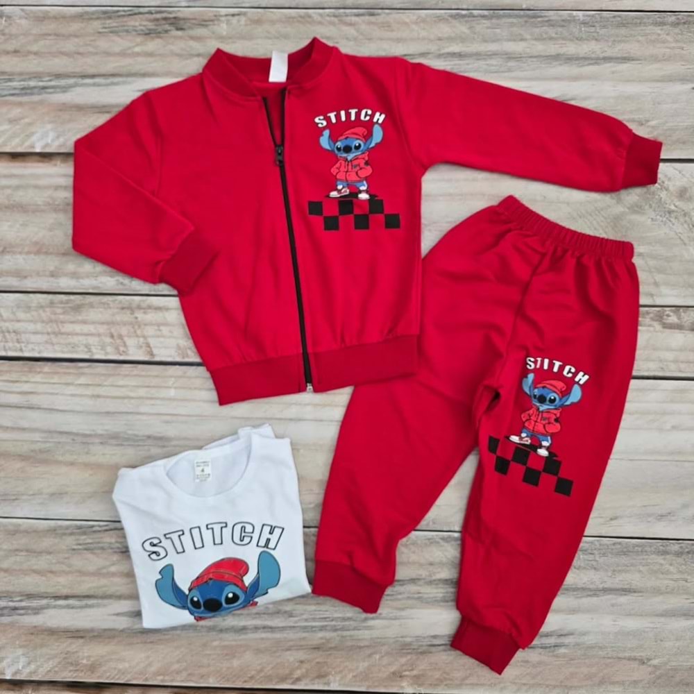 ÜÇ PARÇALI STITCH DESENLİ MEVSİMLİK TAKIM - KIRMIZI - 9-10 YAŞ