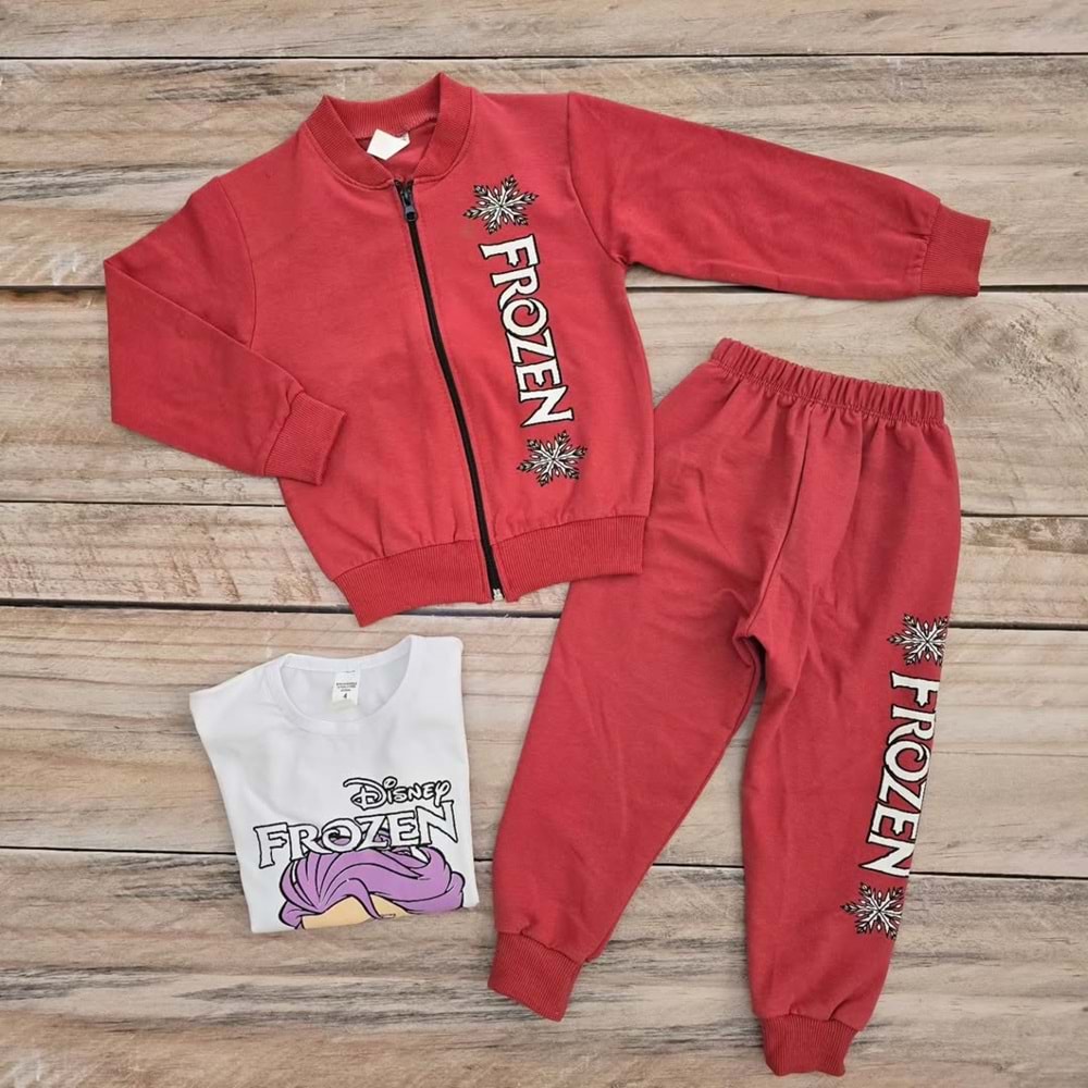ÜÇ PARÇALI FROZEN DESENLİ MEVSİMLİK TAKIM - GÜL KURUSU - 3-4 YAŞ