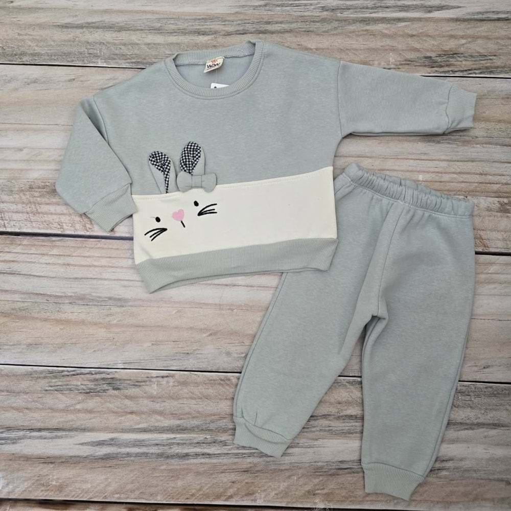 KEDİ DESENLİ ÜÇ İP TAKIM - SU YEŞİLİ - 1 YAŞ