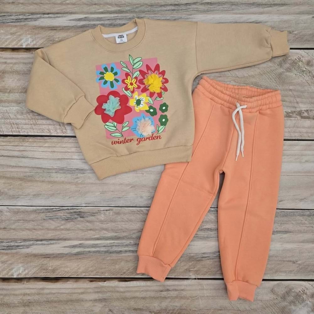 WINTER GARDEN BASKILI ÜÇ İP PAMUKLU TAKIM - PUDRA - 3-4 YAŞ