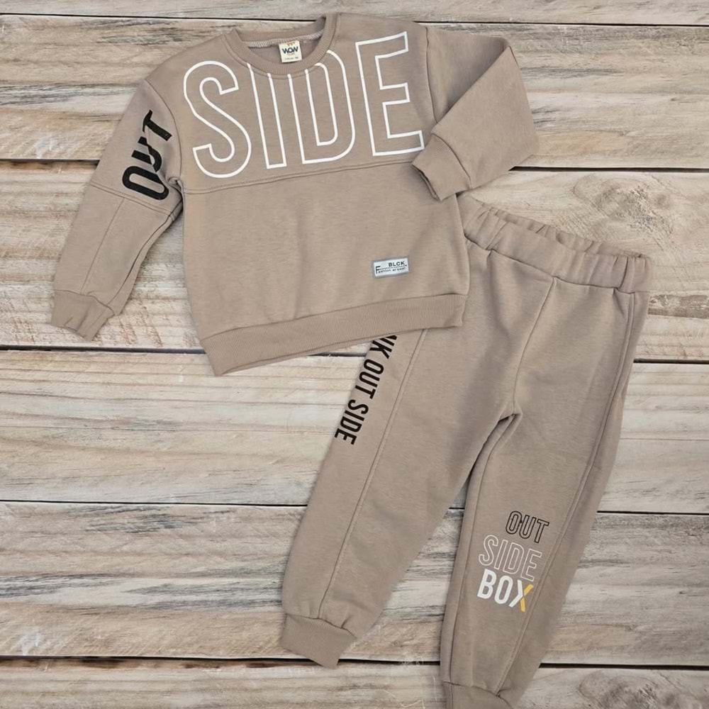 OUT SIDE BOX BASKILI ÜÇ İP PAMUKLU TAKIM - KAHVERENGİ - 6 YAŞ