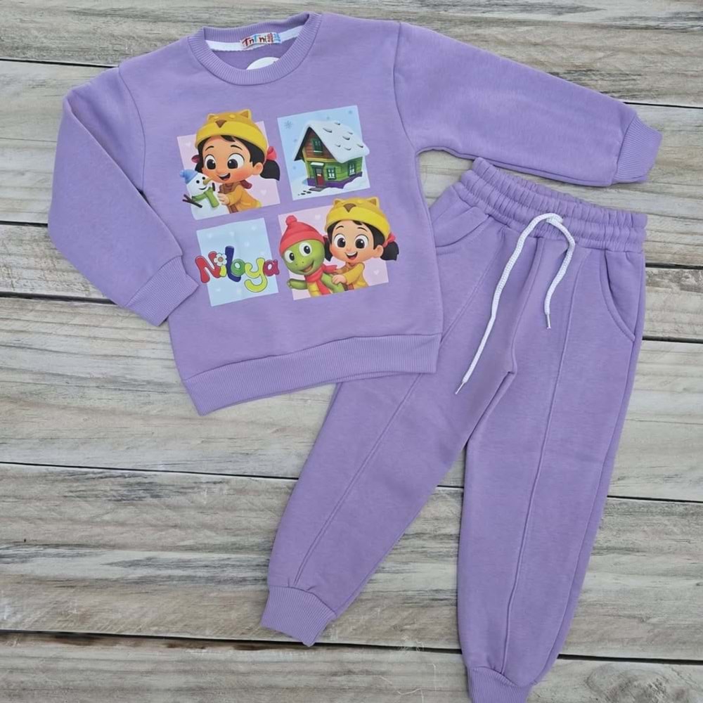 NİLOYA BASKILI ÜÇ İP ŞARDONLU TAKIM - MOR - 9-10 YAŞ