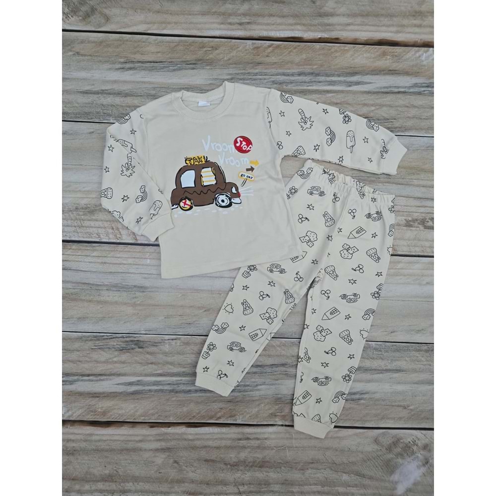 ARABA DESENLİ MEVSİMLİK PİJAMA TAKIMI - KREM - 5 YAŞ
