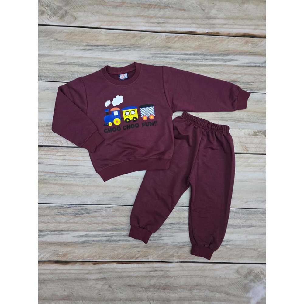 KESKİNCAN TREN DESENLİ MEVSİMLİK TAKIM - BORDO - 2 YAŞ