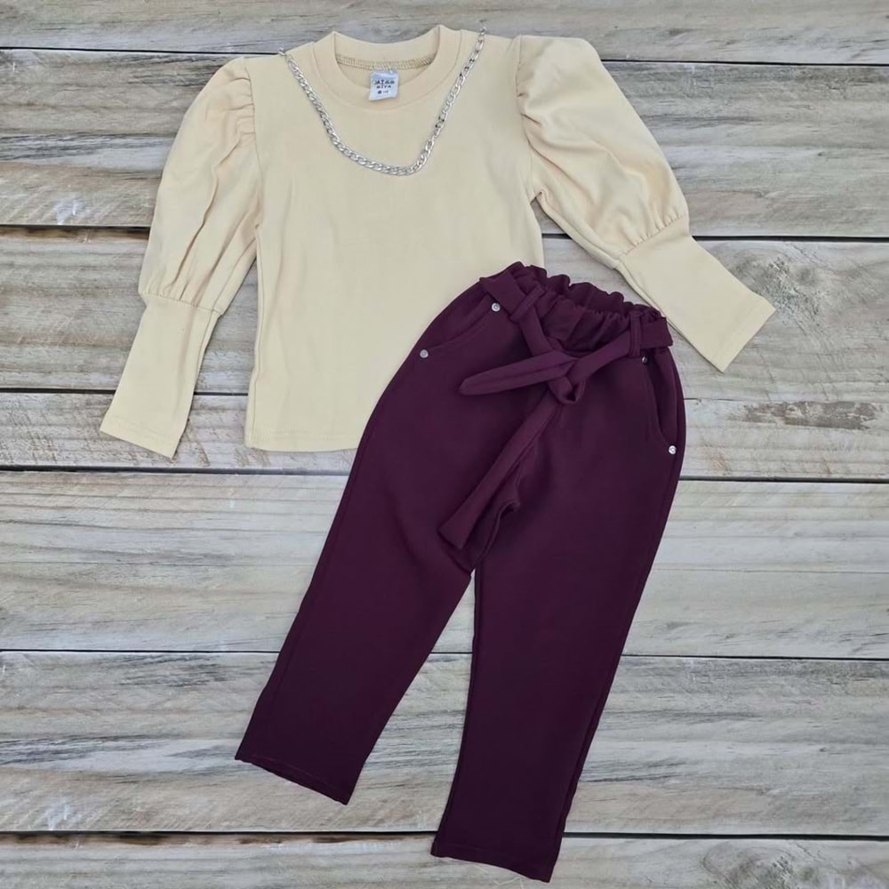 MİSS MİYA KUMAŞ PANTOLONLU MEVSİMLİK TAKIM - MÜRDÜM - 9 YAŞ