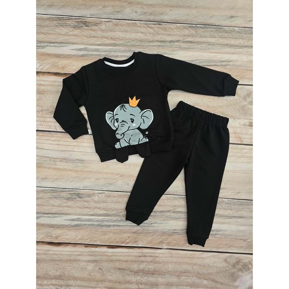 (1-4) Yaş ARTEX FİL DESENLİ MEVSİMLİK TAKIM - SİYAH - 1 YAŞ