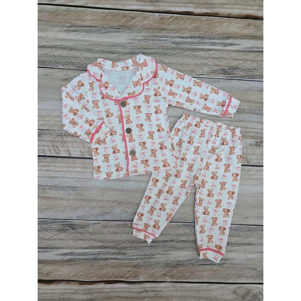 (1-6) Yaş SÜPERMİNİ AYICIKLI DÜĞMELİ MEVSİMLİK PİJAMA TAKIMI - DESENLİ - 1 YAŞ
