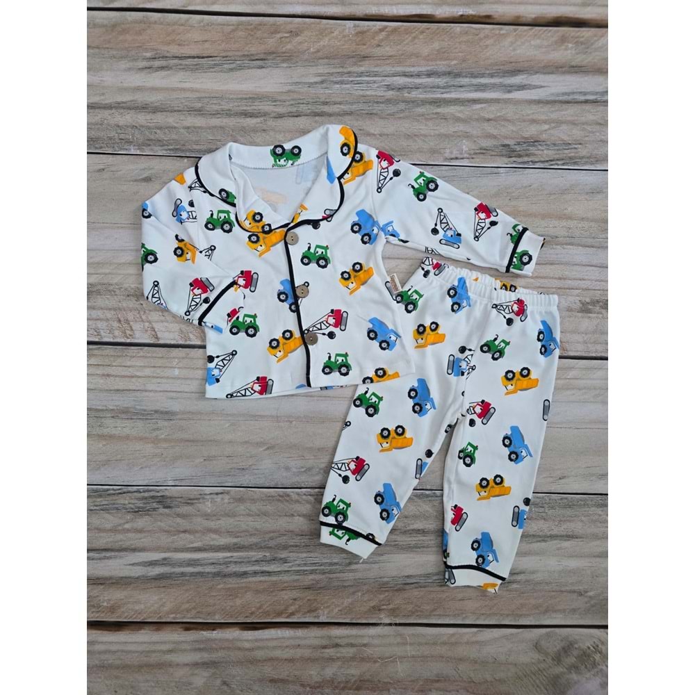 (1-6) Yaş SÜPERMİNİ İŞ MAKİNESİ DÜĞMELİ MEVSİMLİK PİJAMA TAKIMI - DESENLİ - 1 YAŞ