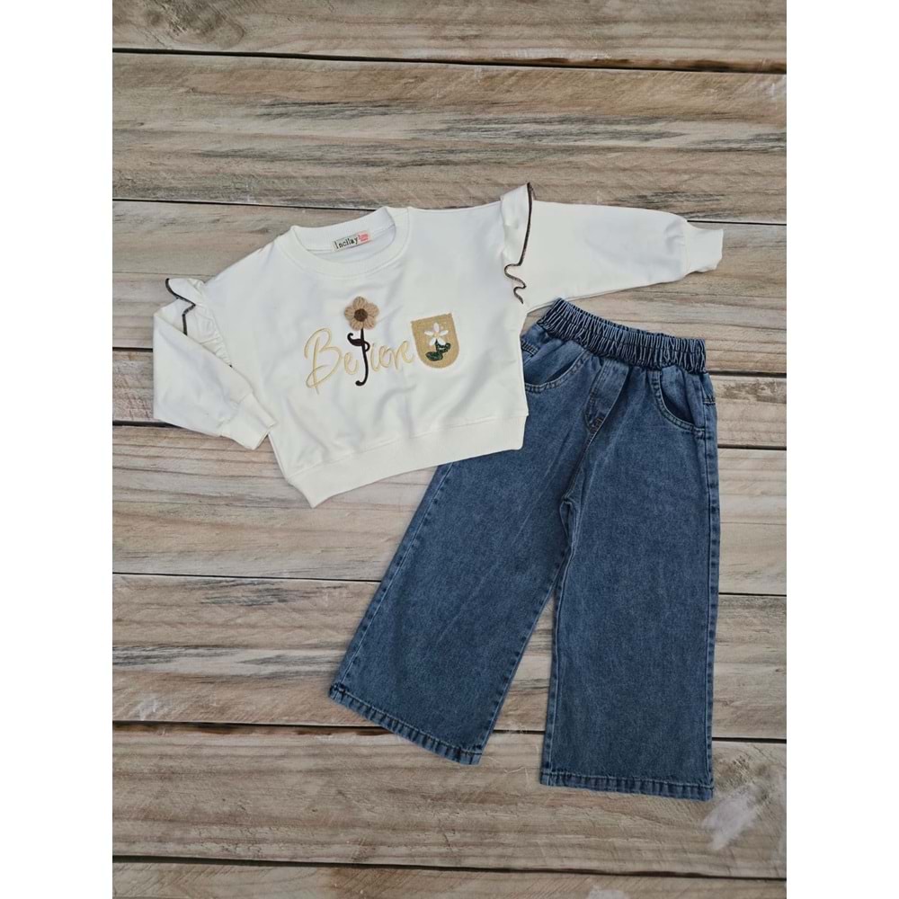 (3-7) Yaş İNCİLAY KOL FIRFIRLI KOT TAKIM - BEYAZ - 7 YAŞ