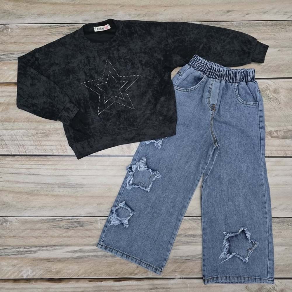 (6-10) Yaş İNCİLAY YILDIZ DESENLİ KOT TAKIM - SİYAH - 7 YAŞ