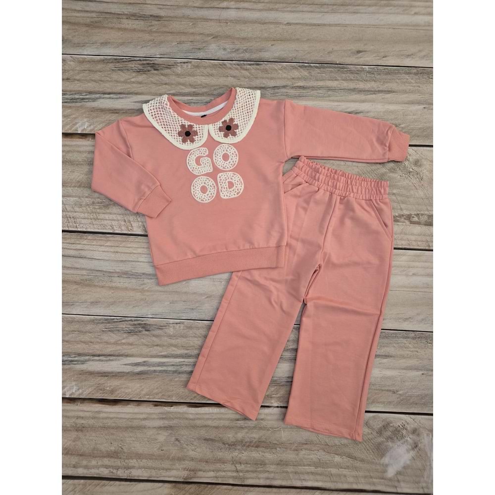 (4-12) Yaş MİLLA KİDS GOOD İŞLEMELİ GÜPÜRLÜ YAKA MEVSİMLİK TAKIM - PUDRA - 8-9 YAŞ