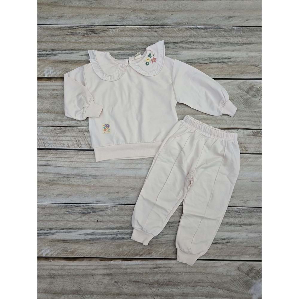 (1-4) Yaş WOW ÇİÇEK NAKIŞLI YAKALI MEVSİMLİK TAKIM - PUDRA - 3 YAŞ