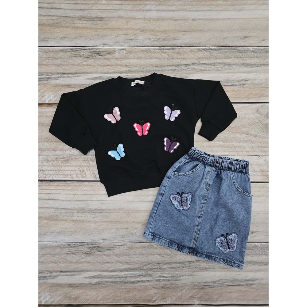 (3-7) Yaş İNCİLAY KELEBEK DETAYLI KOT ETEKLİ TAKIM - DESENLİ - 3 YAŞ