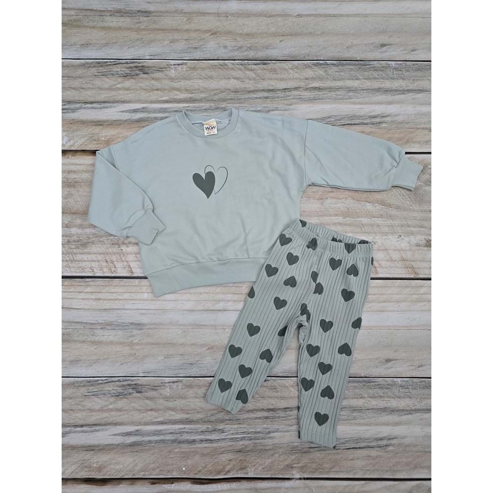 (1-4) Yaş WOW KALP DESENLİ MEVSİMLİK TAKIM - YEŞİL - 1 YAŞ