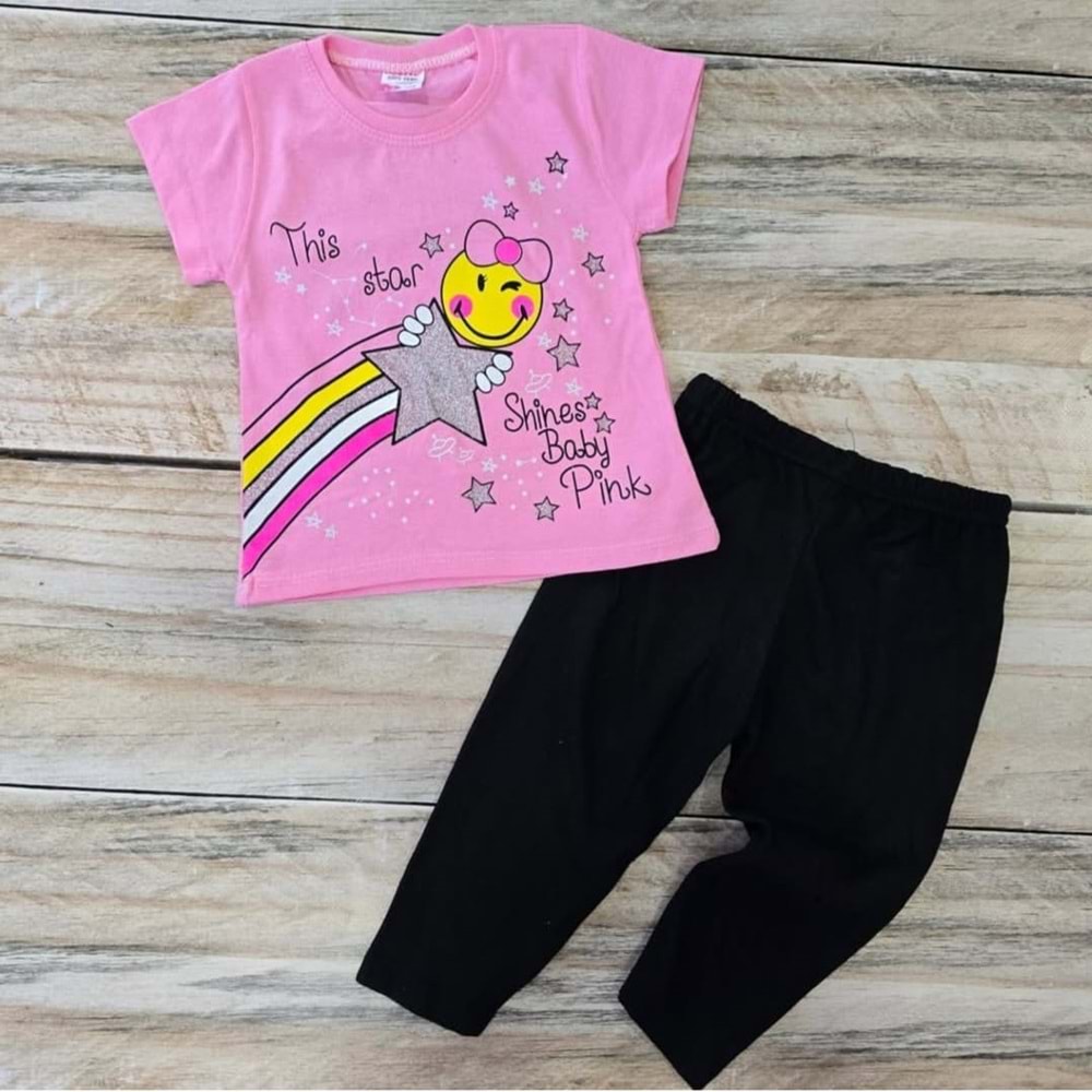 (1-2-3) Yaş MEMOCAN GÜLEN YÜZ BASKILI TAYTLI TAKIM - PEMBE - 1-2 YAŞ