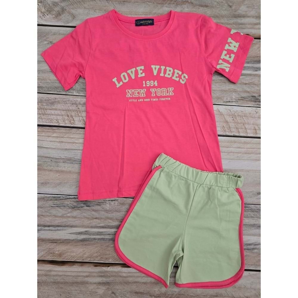 (9-12) Yaş ŞEKER STYLE LOVE VIBES BASKILI ŞORTLU TAKIM - PEMBE - 9 YAŞ