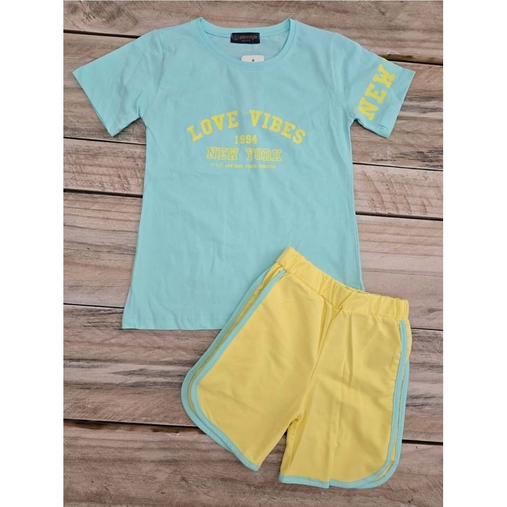 (9-12) Yaş ŞEKER STYLE LOVE VIBES BASKILI ŞORTLU TAKIM - SU YEŞİLİ - 11 YAŞ