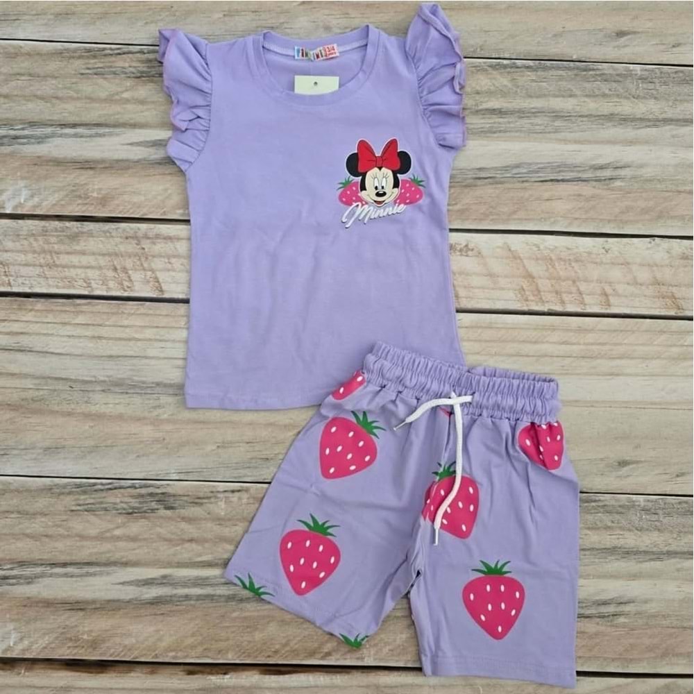 (3-10) Yaş TİNTİNİ ÇİLEKLİ MINNIE BASKILI ŞORTLU TAKIM - MOR - 6-7 YAŞ