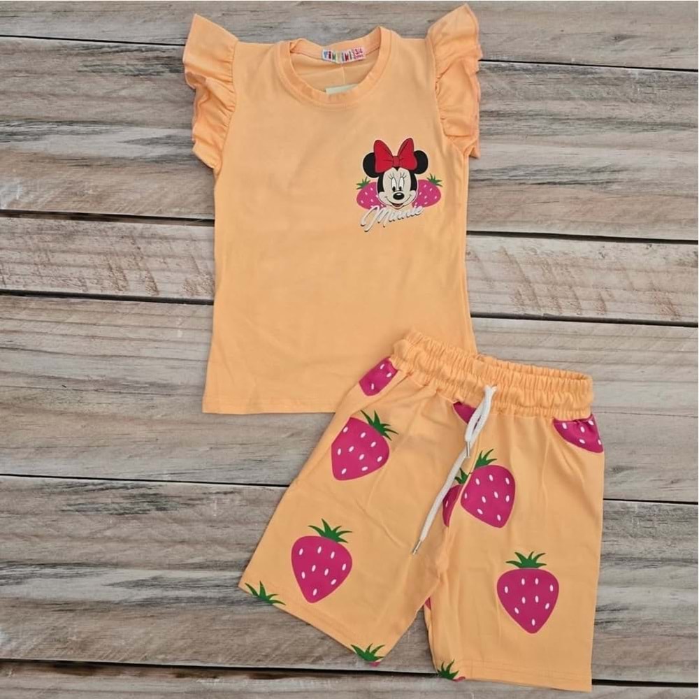 (3-10) Yaş TİNTİNİ ÇİLEKLİ MINNIE BASKILI ŞORTLU TAKIM - TURUNCU - 6-7 YAŞ