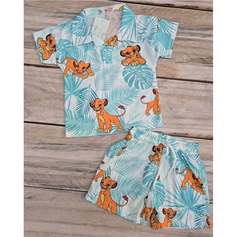 (3-10) Yaş TİNTİNİ YAKALI LION KING BASKILI ŞORTLU TAKIM - MAVİ - 6-7 YAŞ