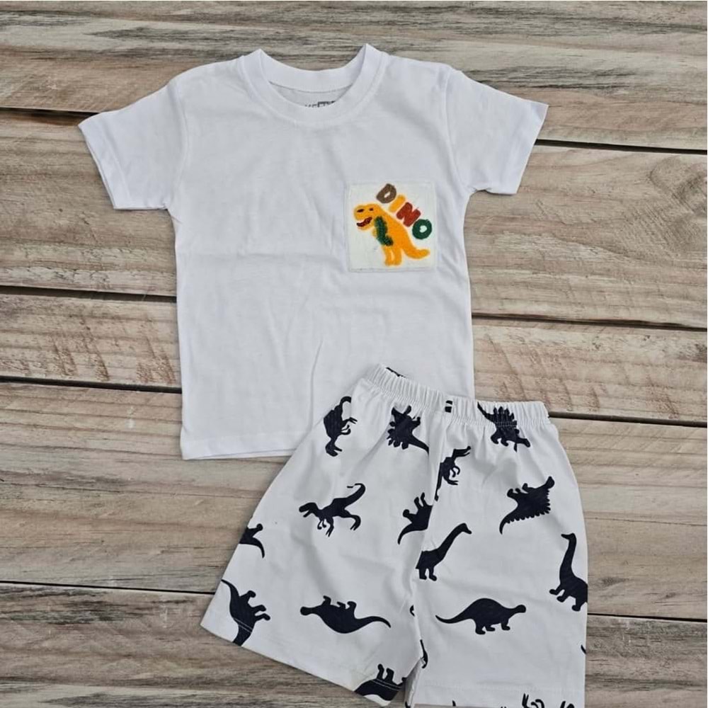 (2-5) Yaş KESKİNCAN DİNO DESENLİ ŞORTLU TAKIM - BEYAZ - 3 YAŞ