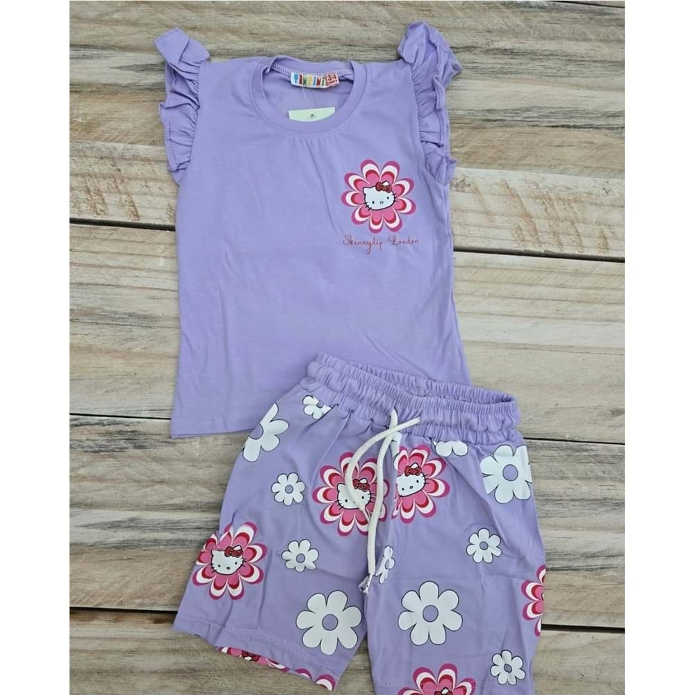 (3-10) Yaş TİNTİNİ HELLO KITTY BASKILI ŞORTLU TAKIM - MOR - 6-7 YAŞ