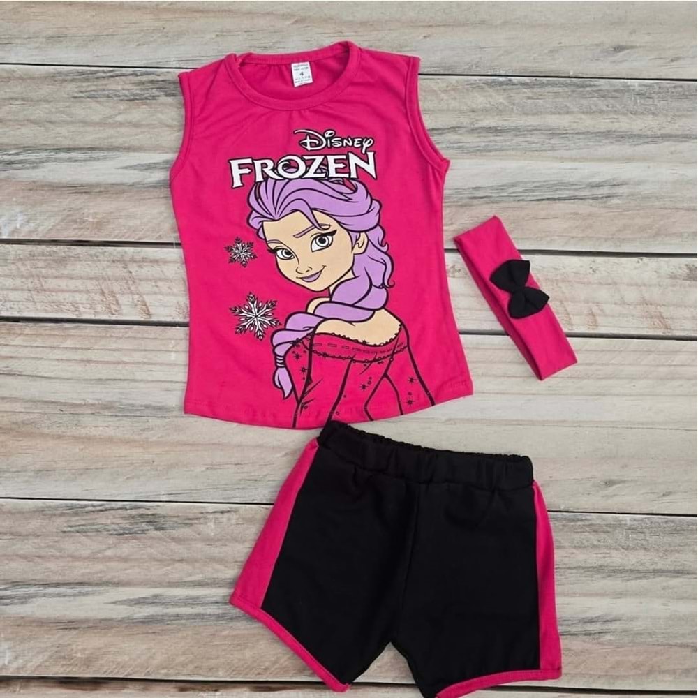 (4-12) Yaş ASKILI FROZEN BASKILI ŞORTLU TAKIM - KOYU PEMBE - 10 YAŞ