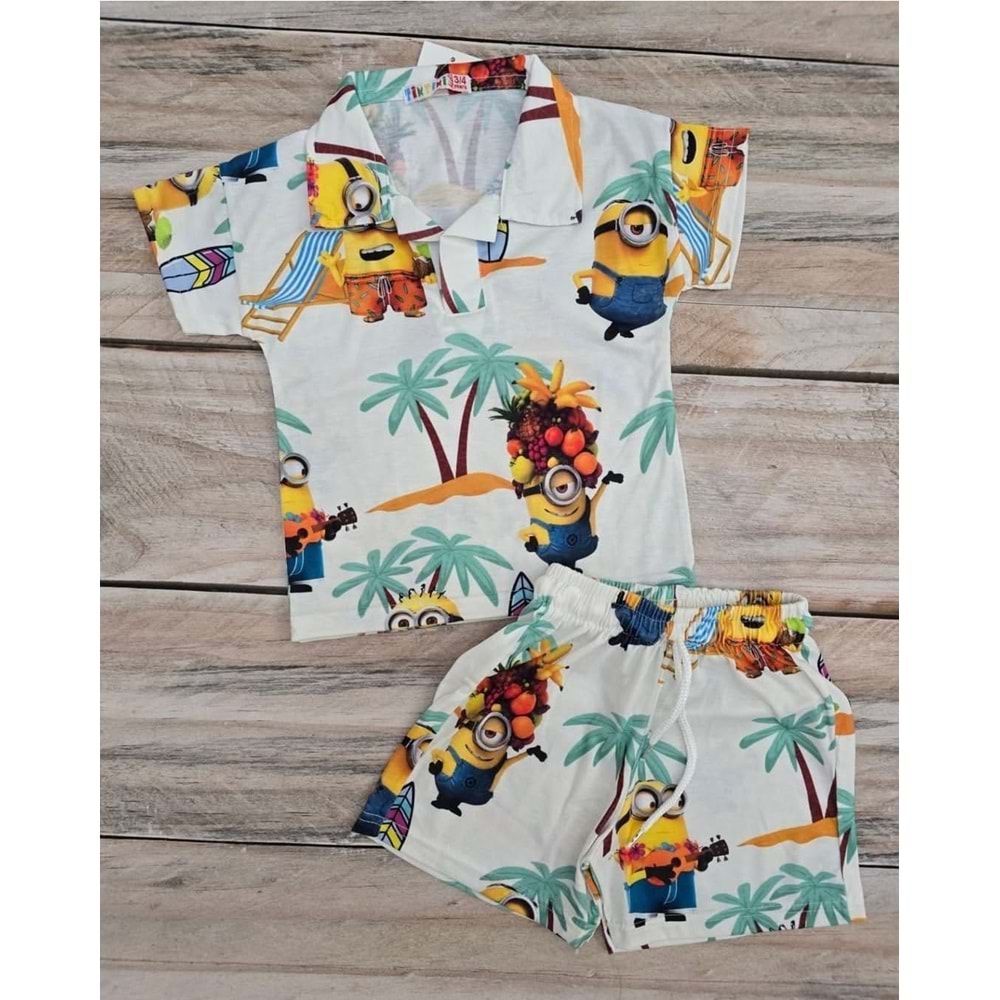 (3-10) Yaş TİNTİNİ YAKALI MİNİON BASKILI ŞORTLU TAKIM - MAVİ - 6-7 YAŞ