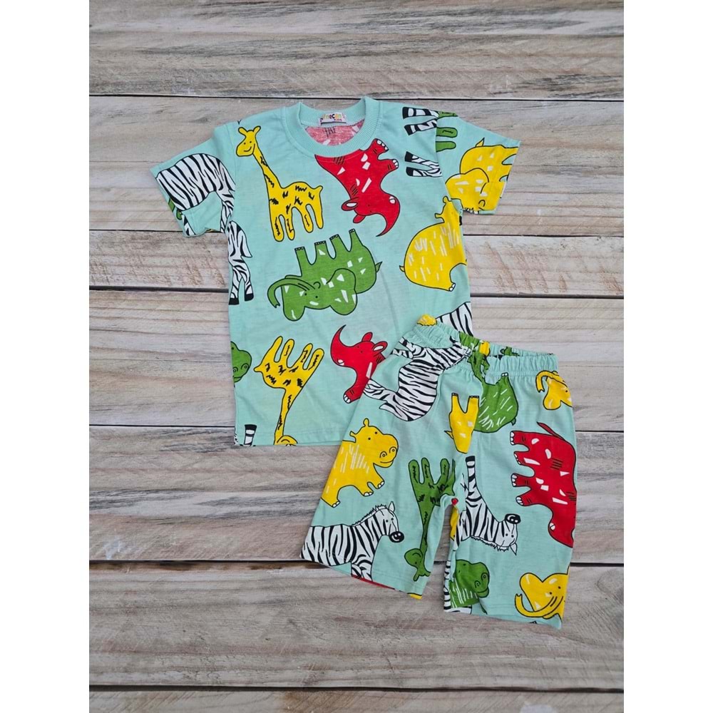 (5-10) Yaş DEFNECAN HAYVAN BASKILI ŞORTLU TAKIM - DESENLİ - 6-7 YAŞ