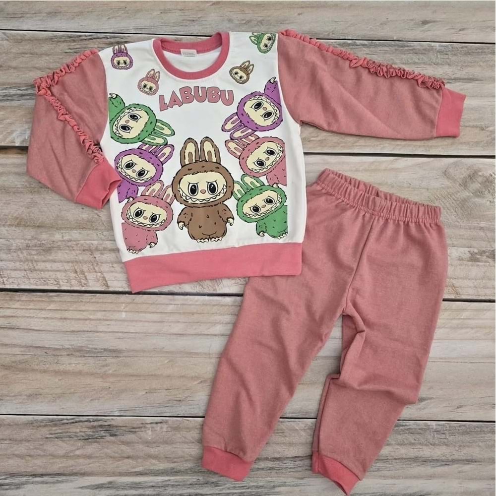 (2-5) Yaş MEMOCAN LABUBU BASKILI MEVSİMLİK TAKIM - GÜL KURUSU - 3-4 YAŞ