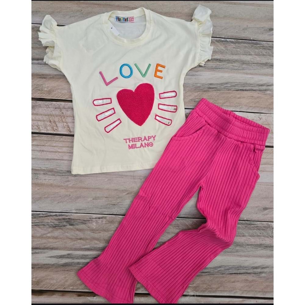 (3-10) Yaş LOVE DESENLİ TAYTLI TAKIM - KOYU PEMBE - 6-7 YAŞ