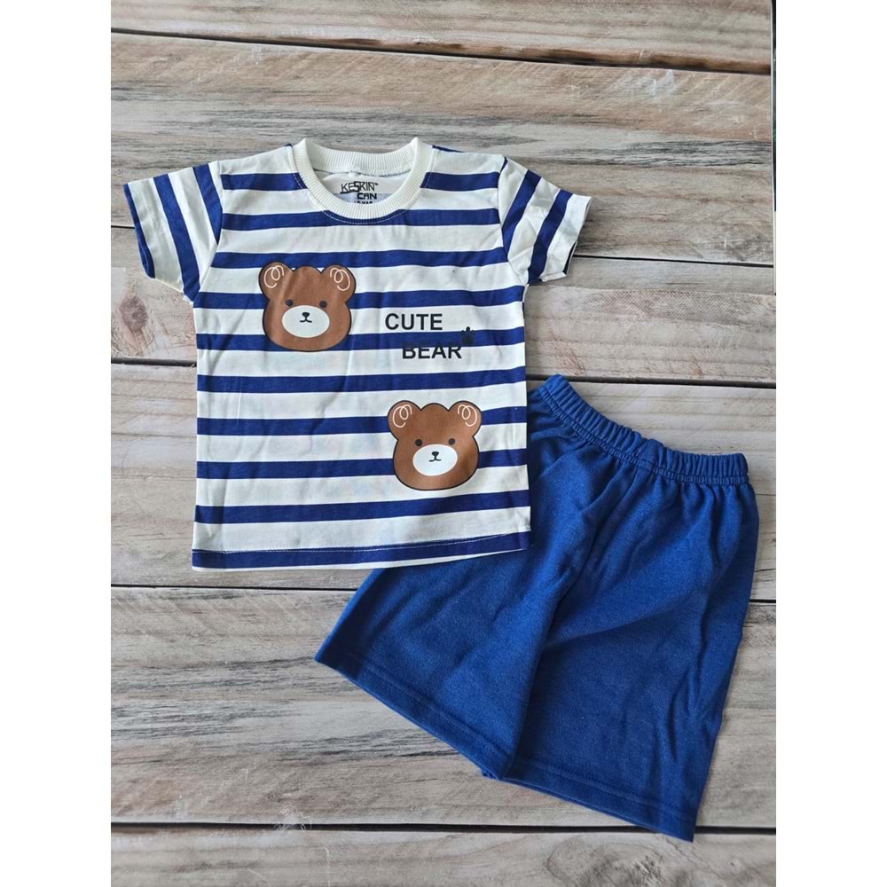(2-5) Yaş KESKİNCAN CUTE BEAR BASKILI ŞORTLU TAKIM - SAKS MAVİSİ - 3 YAŞ