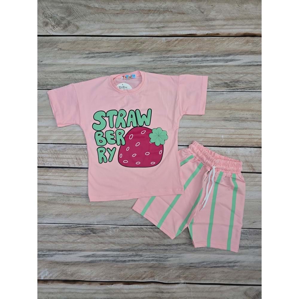 (3-10) Yaş TİNTİNİ STRAWBERRY BASKILI ŞORTLU TAKIM - PUDRA - 9-10 YAŞ