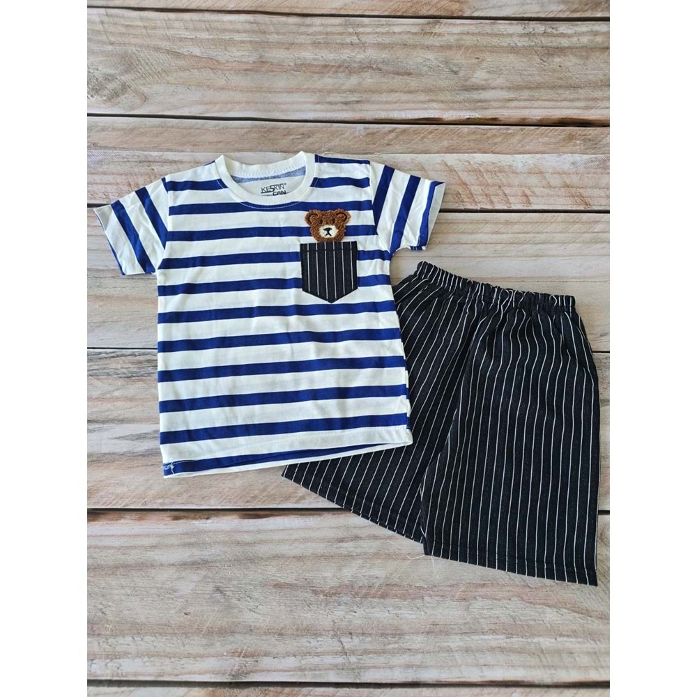 (2-5) Yaş KESKİNCAN GÖĞÜS CEPLİ ÇİZGİLİ AYICIKLI ŞORT TAKIM - SAKS MAVİSİ - 3 YAŞ