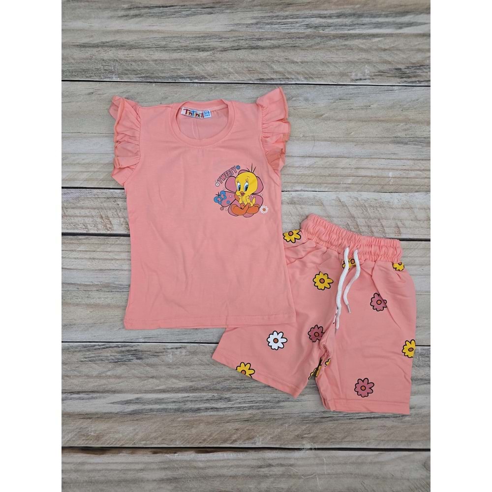 (3-10) Yaş TİNTİNİ TWEETY BASKILI ŞORTLU TAKIM - PUDRA - 3-4 YAŞ