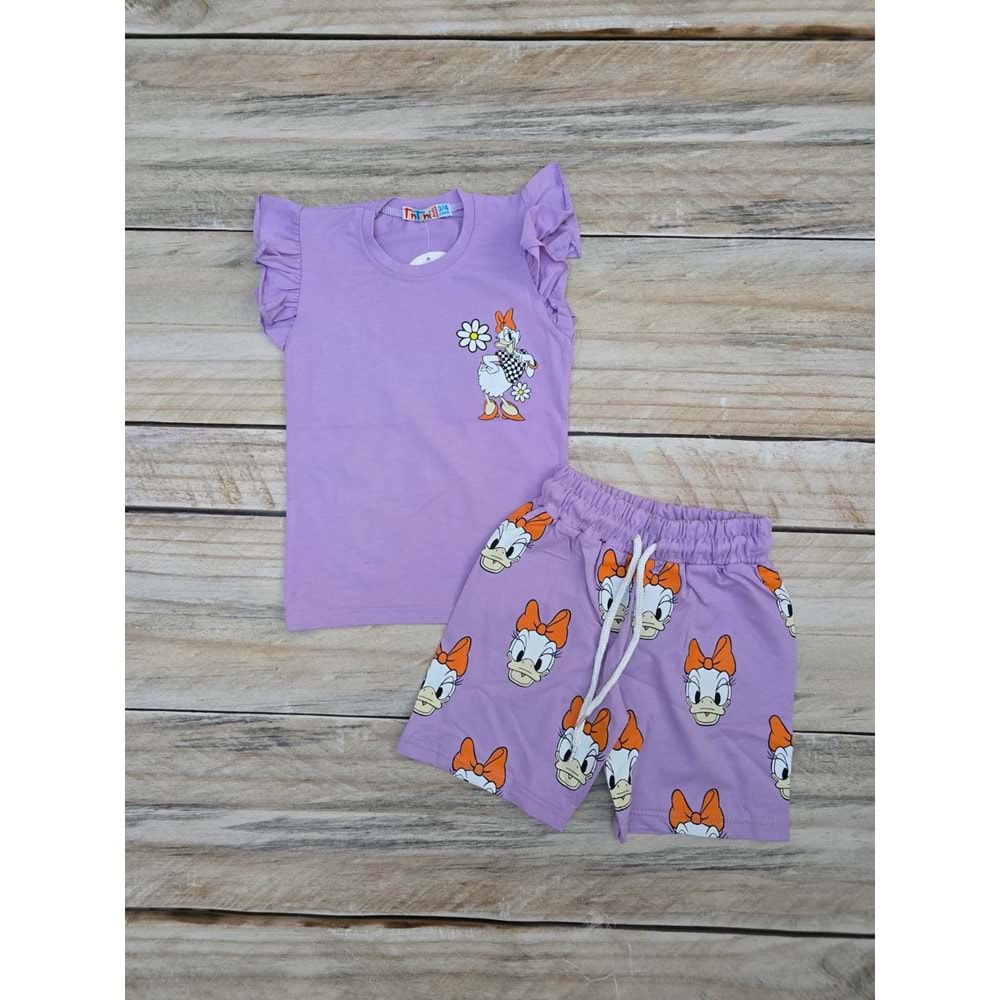 (3-10) Yaş TİNTİNİ DUFFY DUCK BASKILI ŞORTLU TAKIM - MOR - 3-4 YAŞ
