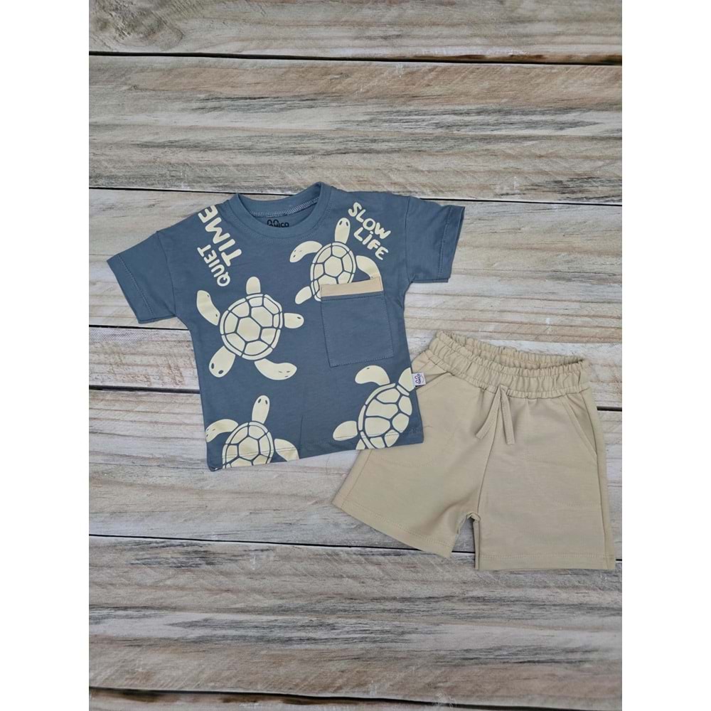 (1-4) Yaş TOMICO KAPLUMBAĞA BASKILI ŞORTLU TAKIM - MAVİ - 1 YAŞ