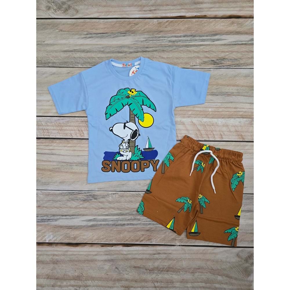 (3-10) Yaş TİNTİNİ PALMİYELİ SNOOPY BASKILI ŞORTLU TAKIM - MAVİ - 5-6 YAŞ