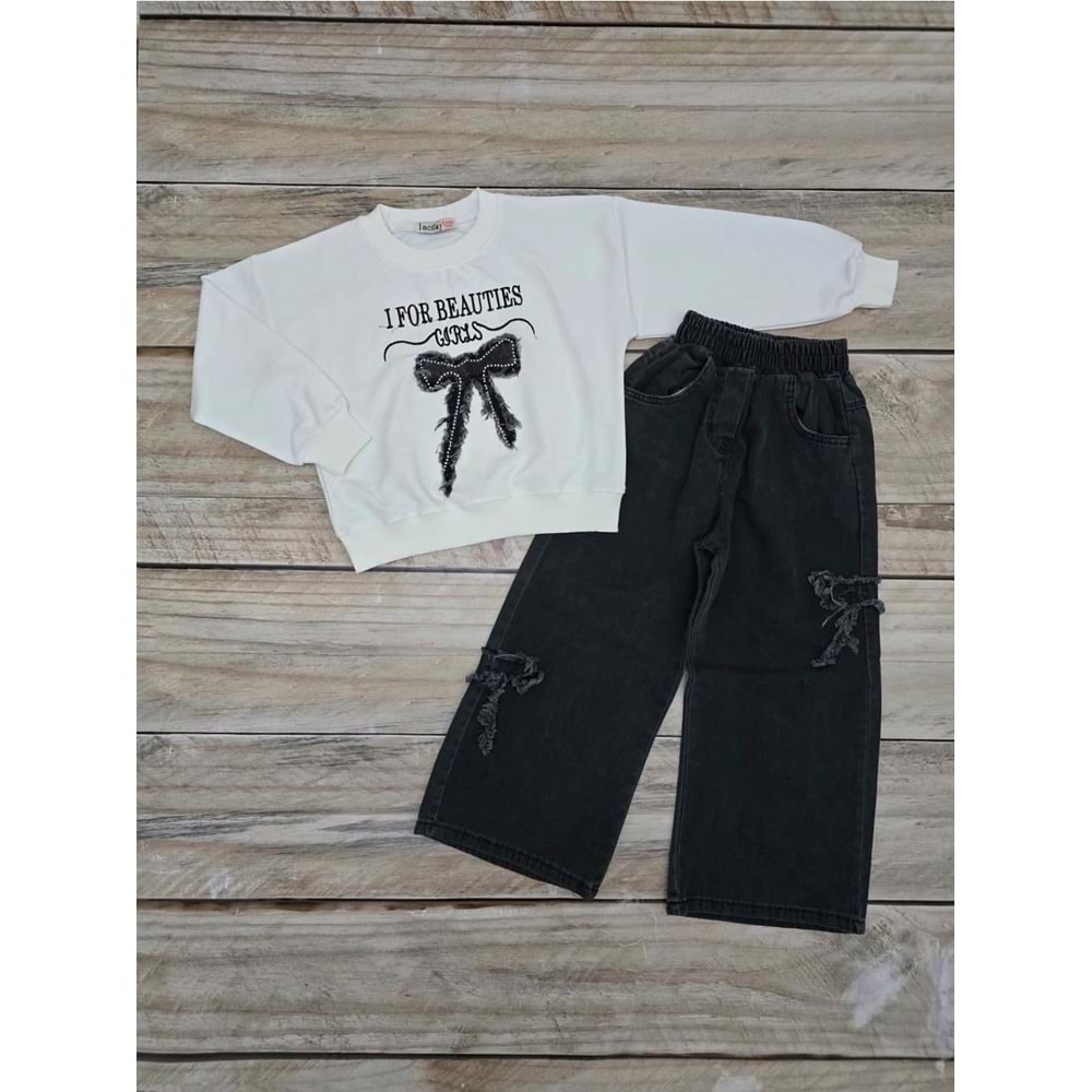 (6) Yaş İNCİLAY KURDALE DESENLİ KOT TAKIM - SİYAH - 6 YAŞ