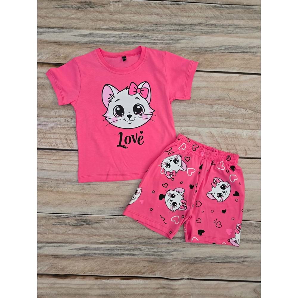 (3-10) Yaş TOMICO LOVE KEDİ BASKILI ŞORTLU TAKIM - PEMBE - 8-9 YAŞ