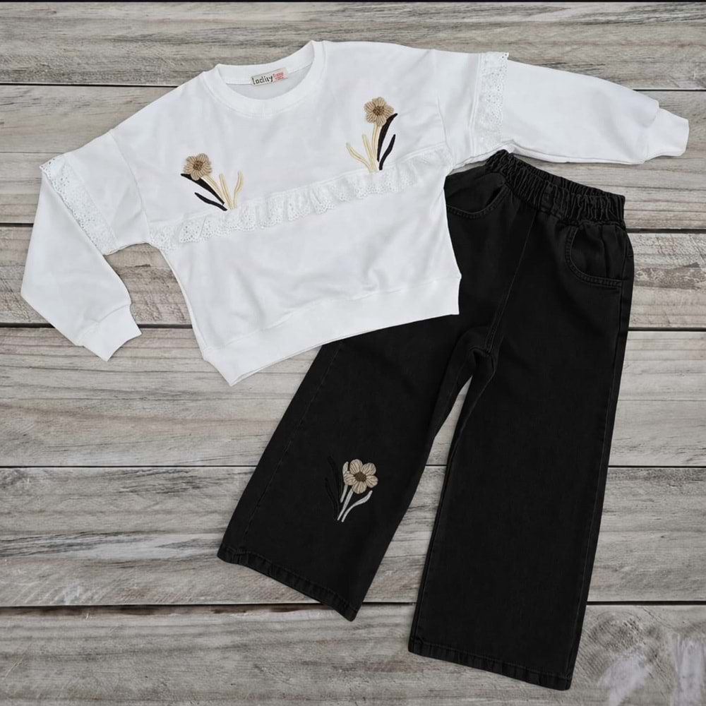 (6-8) Yaş İNCİLAY ALT ÇİÇEKLİ KOT TAKIM - SİYAH - 6 YAŞ