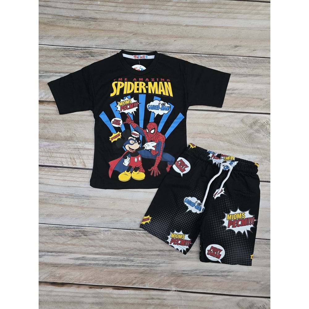 (3-10) Yaş TİNTİNİ SPIDERMAN BASKILI ŞORTLU TAKIM - SİYAH - 7-8 YAŞ