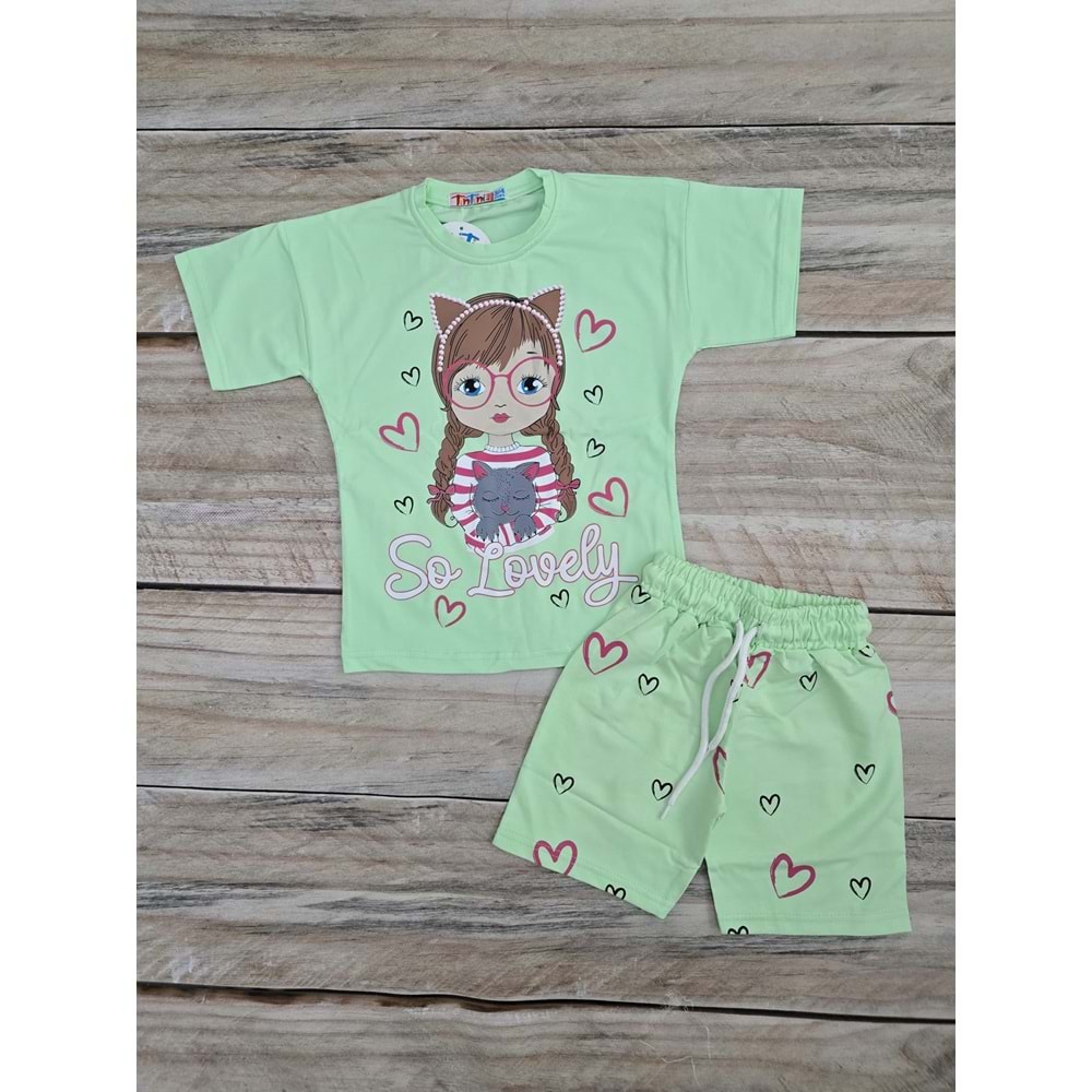 (3-10) Yaş TİNTİNİ SO LOVELY BASKILI ŞORTLU TAKIM - YEŞİL - 9-10 YAŞ