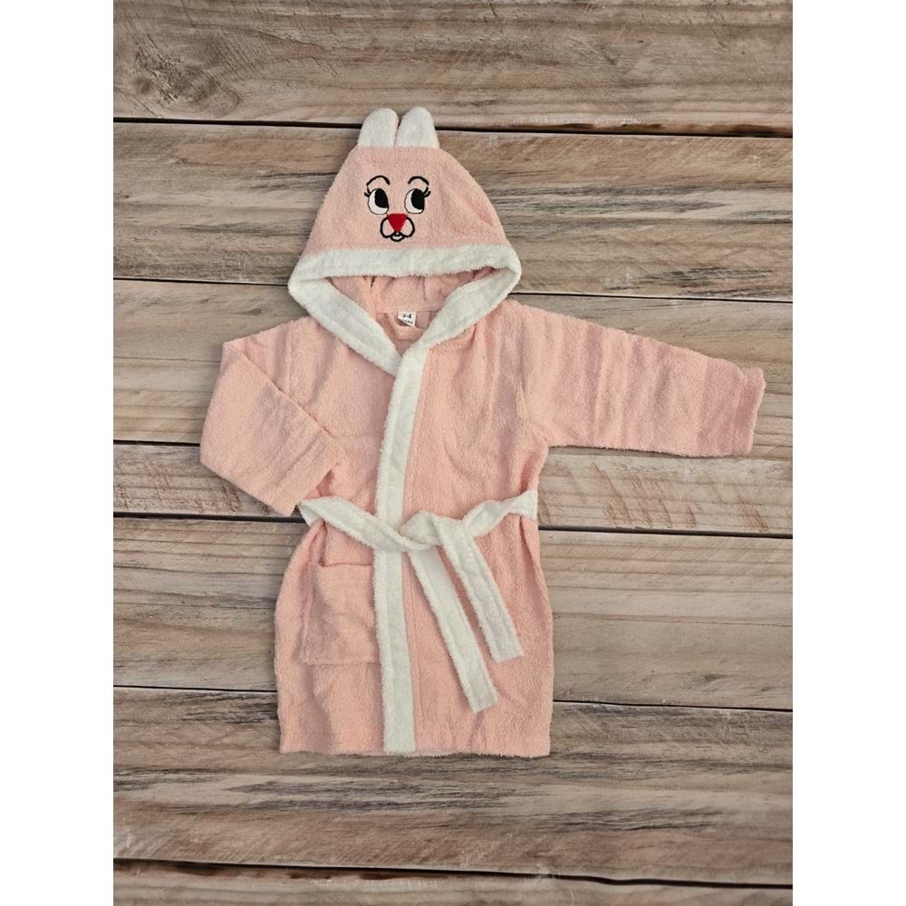 (3-12) Yaş SEVİMLİ YÜZ ŞAPKALI ÇOCUK BORNOZU - PEMBE - 9-10 YAŞ