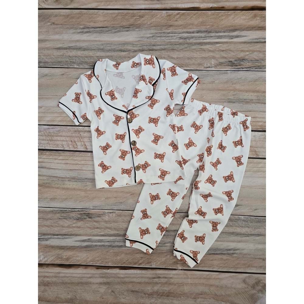 (4-6) Yaş SÜPERMİNİ PELUŞ AYI DÜĞMELİ YAZLIK PİJAMA TAKIMI - DESENLİ - 5 YAŞ