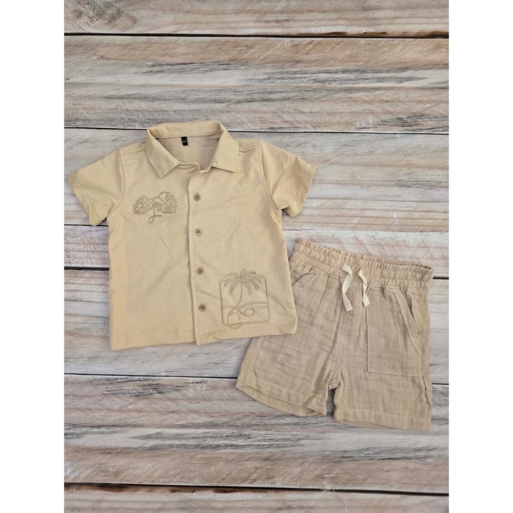 (3-8) Yaş TOMICO YAKALI GÖMLEKLİ KETEN ŞORTLU TAKIM - KREM - 3-4 YAŞ