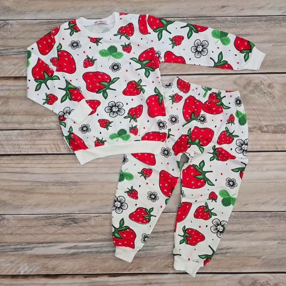 (9-11) Yaş DEFNECAN ÇİLEK DESENLİ MEVSİMLİK TAKIM - BEYAZ - 11 YAŞ