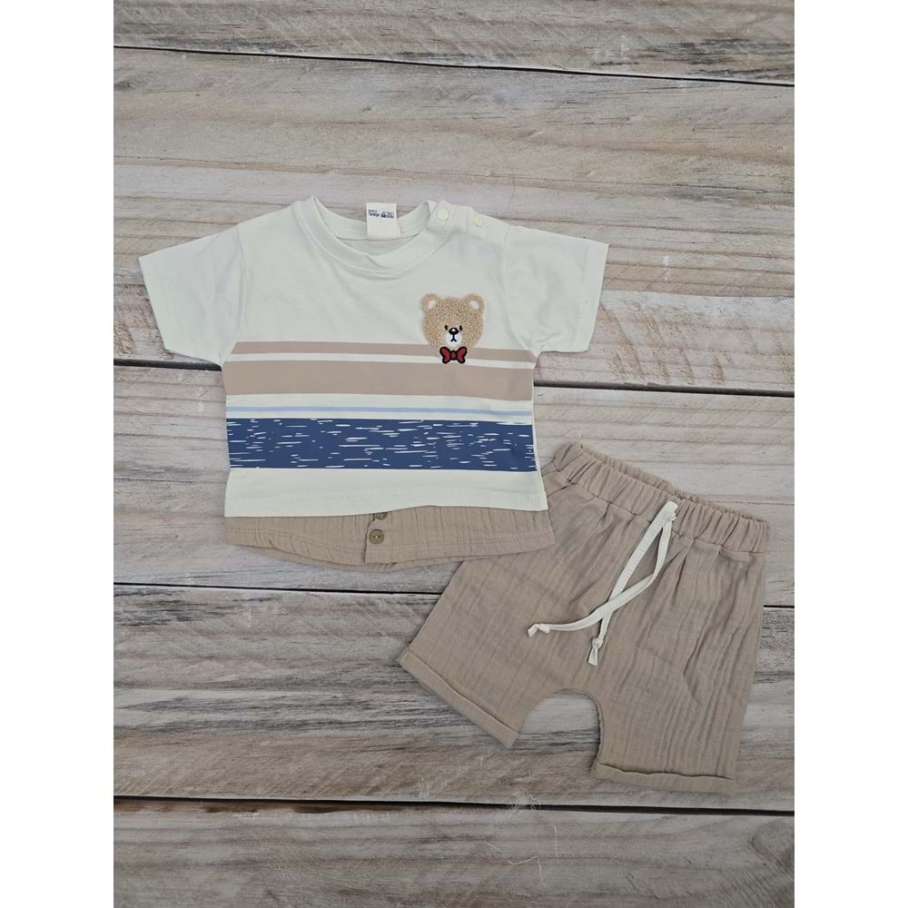 (9-24) Ay WOW DÜĞMELİ AYI DESENLİ ŞORTLU TAKIM - KAHVERENGİ - 9 AYLIK