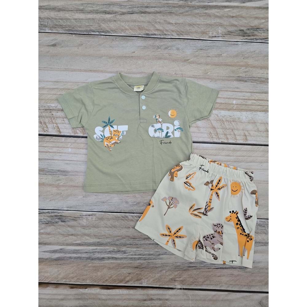 (6-18) Ay AİR BABY GRİ FRIENDS BASKILI ŞORTLU TAKIM - YEŞİL - 9 AYLIK