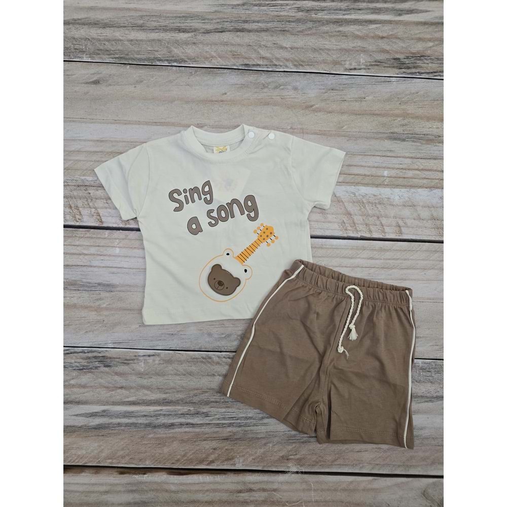 (6-18) Ay AİR BABY SİNG A SONG BASKILI ŞORTLU TAKIM - KAHVERENGİ - 6 AYLIK